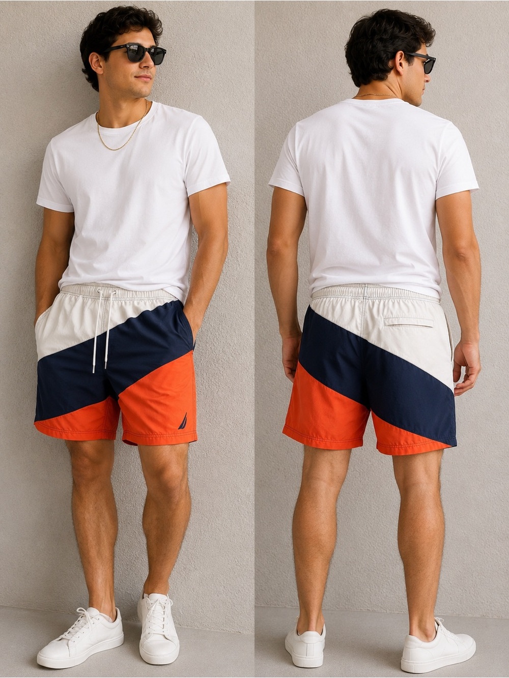 Nautica Men's Colorblock Volley Shorts in Navy, Orange & White